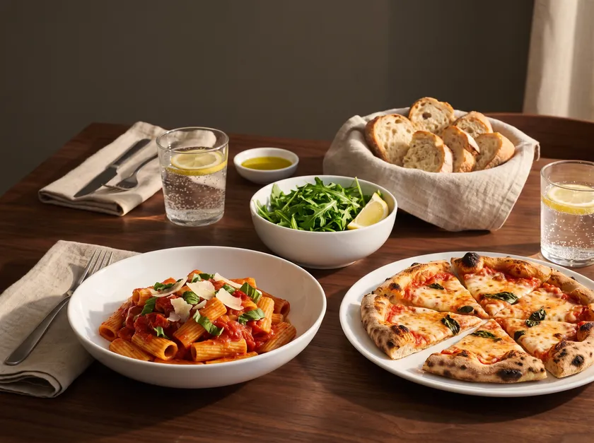 Rigatoni, pizza and salad on a walnut table