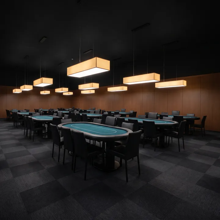 Empty poker room with teal felt tables